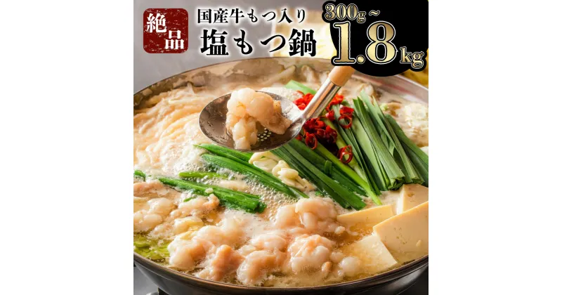 【ふるさと納税】国産牛もつ入りの絶品塩もつ鍋セット 選べる 1.8kg 1.5kg 600g 300g 送料無料 国産牛モツ スープ 鷹の爪 すりごま 〆の麺付き 本場九州 お取り寄せ グルメ 大人気 パーティー 増量 上峰町 ふるさと納税