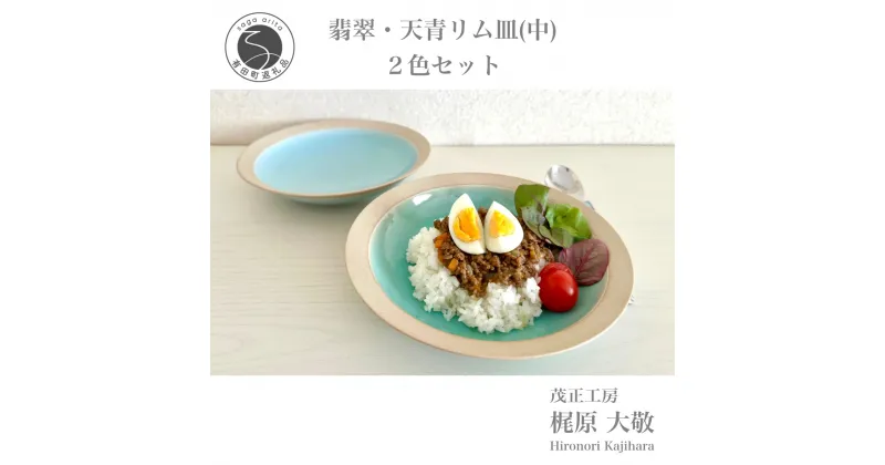 【ふるさと納税】翡翠・天青リム皿（中）2枚セット カレー皿 パスタ皿 食器 深め 茂正工房 A40-182