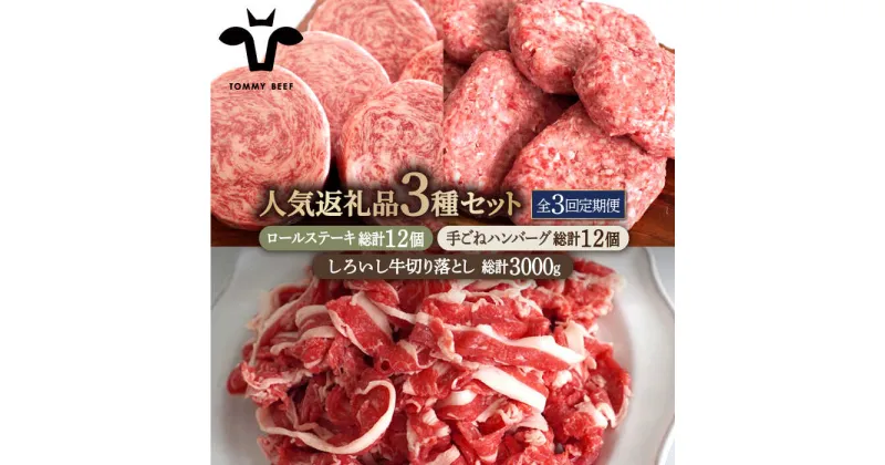 【ふるさと納税】【牧場直送】【3回定期便】人気返礼品詰め合わせ！牛肉100%ふんわりロールステーキ 4個＆手ごねハンバーグ 4個＆しろいし牛 切り落とし 1000g【有限会社佐賀セントラル牧場】切落し 詰め合わせ 食べ比べ セット 牛肉 肉 お肉[IAH185]