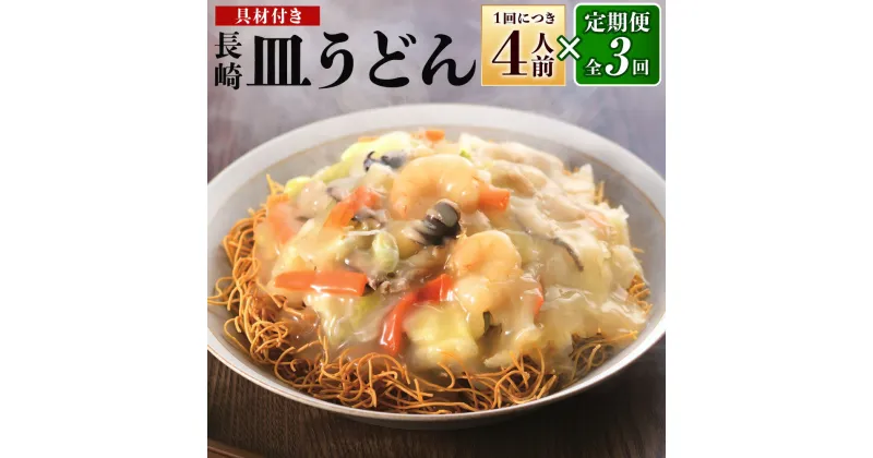 【ふるさと納税】【全3回定期便】具材付き!皿うどん 4人前 あんかけ 揚麺 揚げ麺 皿うどん 麺類 スープ 野菜 玉ねぎ キャベツ 豚肉 お肉 エビ イカ ギフト 贈り物 冷凍 長崎県 長崎市 送料無料